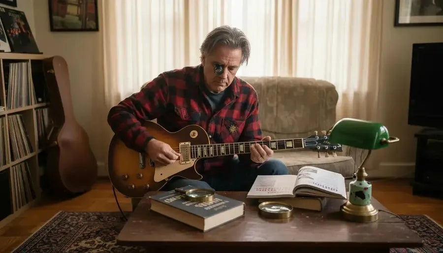 Collector examining vintage Les Paul guitar