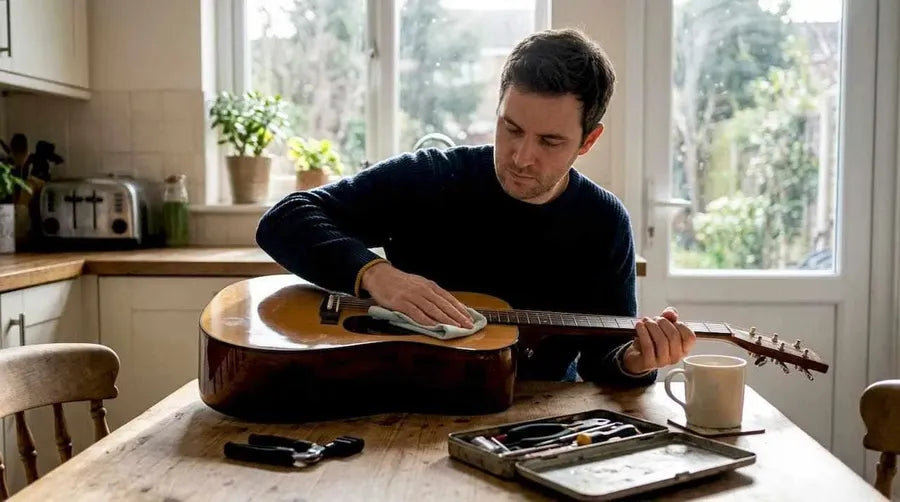 Man cleaning acoustic guitar at kitchen table