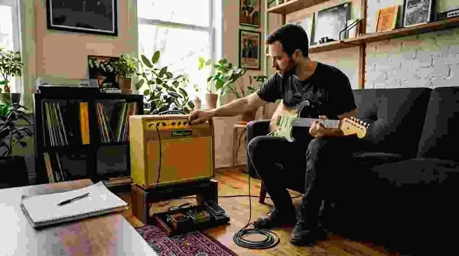 Guitarist adjusting amp in casual home setting