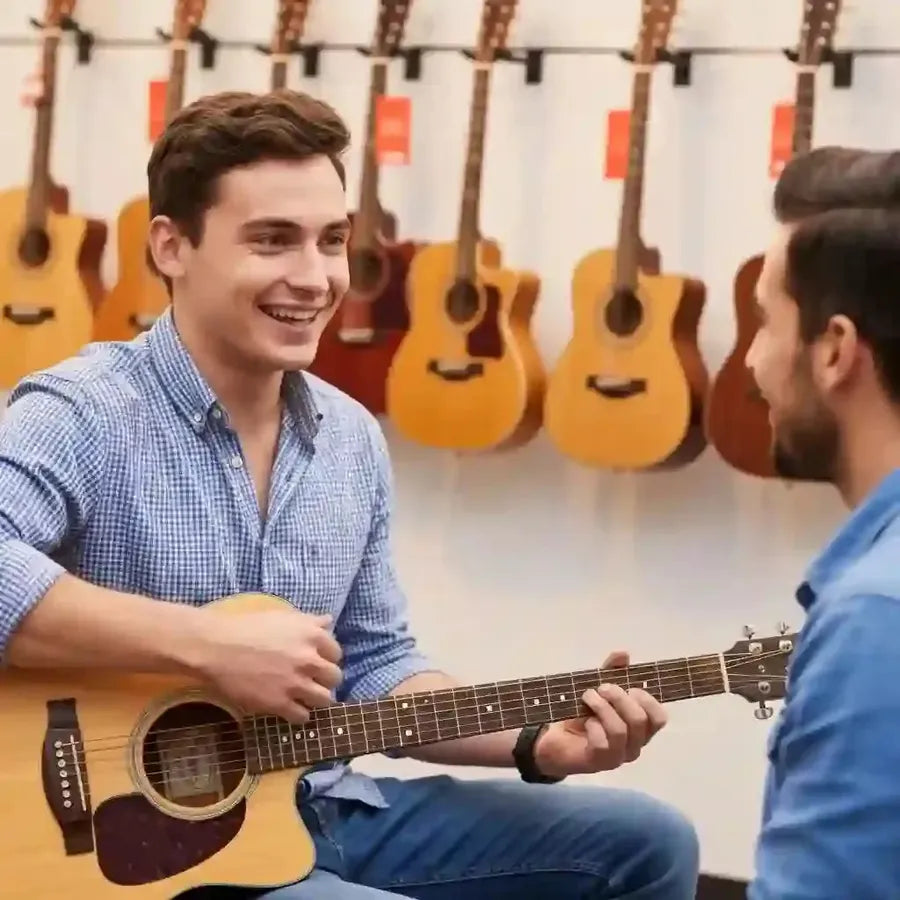 Excited beginner guitarist exploring a variety of guitar models in a vibrant music shop, capturing the thrill of choosing their first instrument
