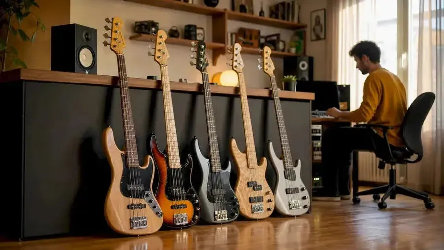 Five bass guitars from leading brands in showroom