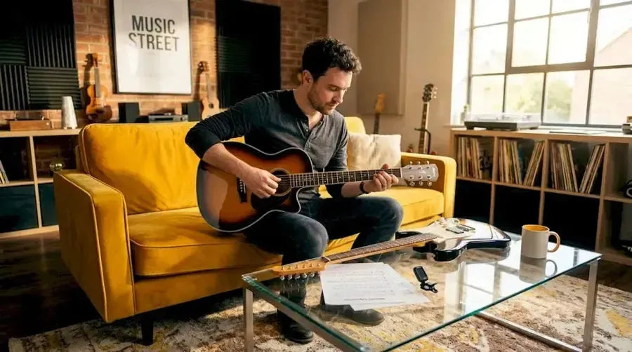 Musician comparing acoustic-electric and electric guitars