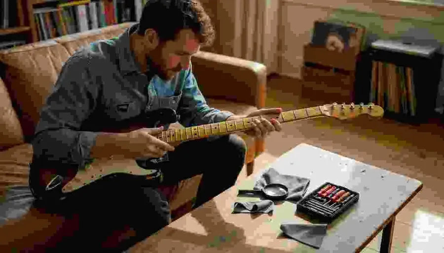 Guitarist closely examines guitar neck joint