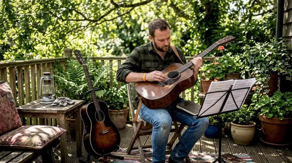 Man examining acoustic guitar indoors