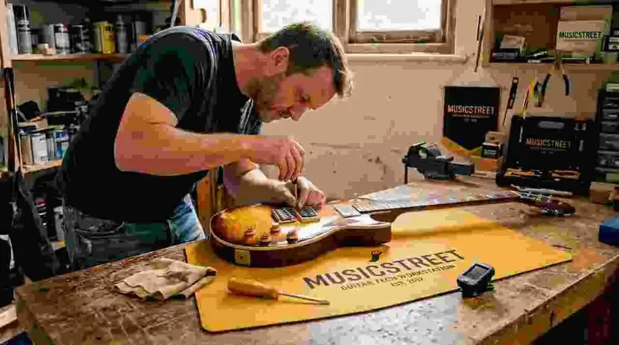 Luthier adjusting fixed bridge on electric guitar