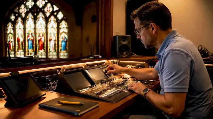 Technician adjusting church sound mixer