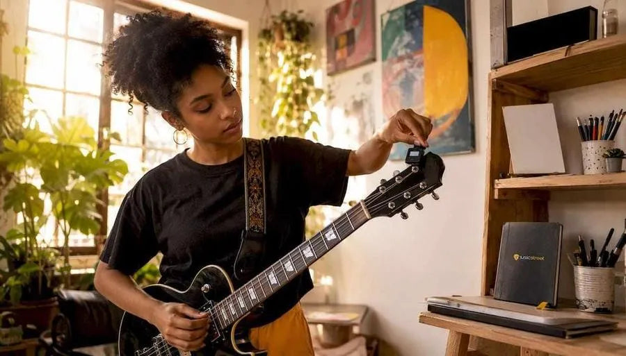 Woman tuning electric guitar with clip-on tuner