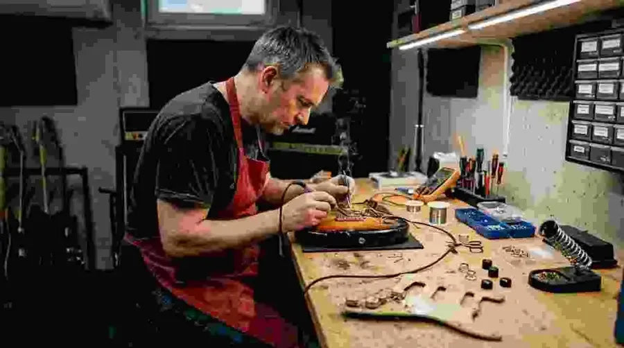 Guitar technician soldering parallel wiring in workshop