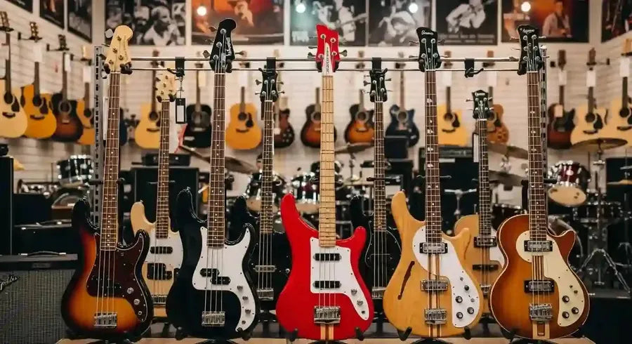 Diverse selection of bass guitars in a music store, showcasing various designs and colors