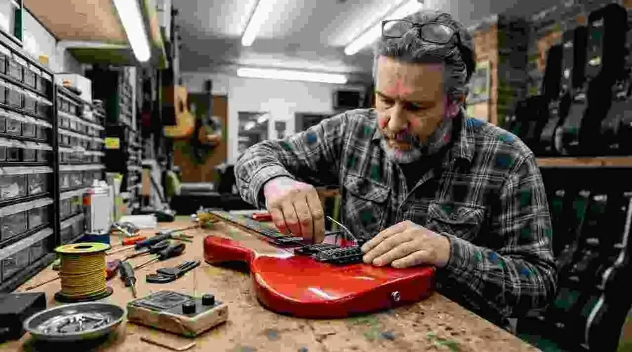 Guitar technician inspecting locking tremolo bridge
