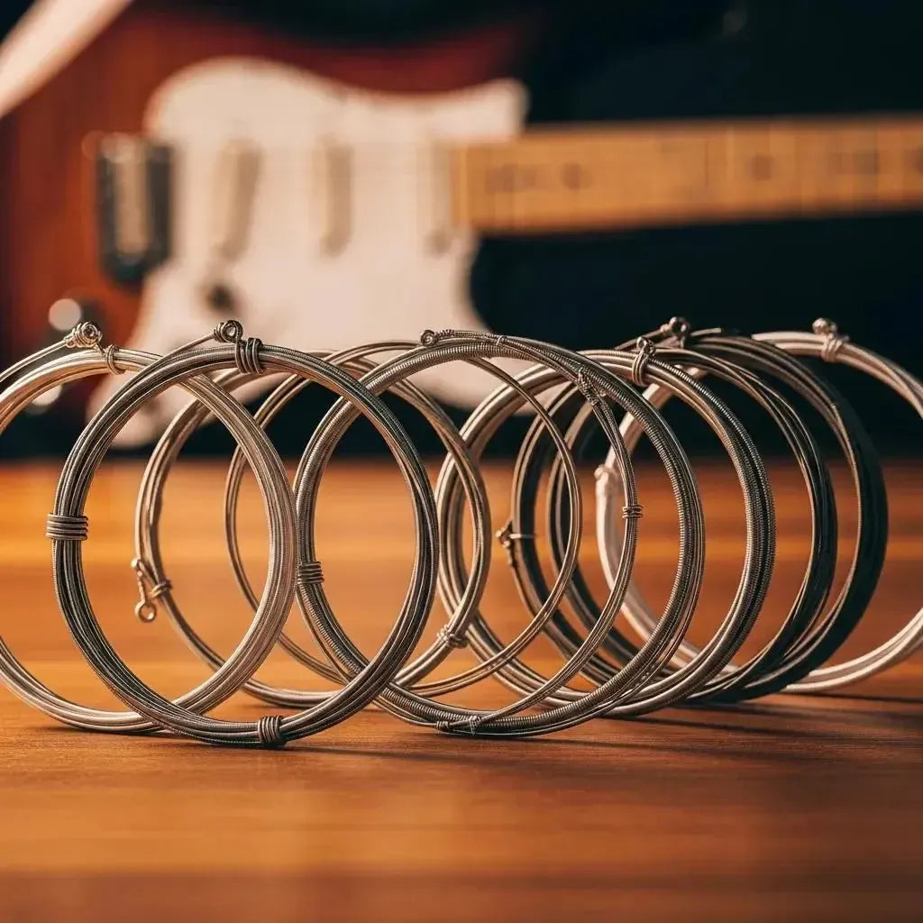 Variety of electric guitar strings displayed on a wooden surface, showcasing different materials and gauges