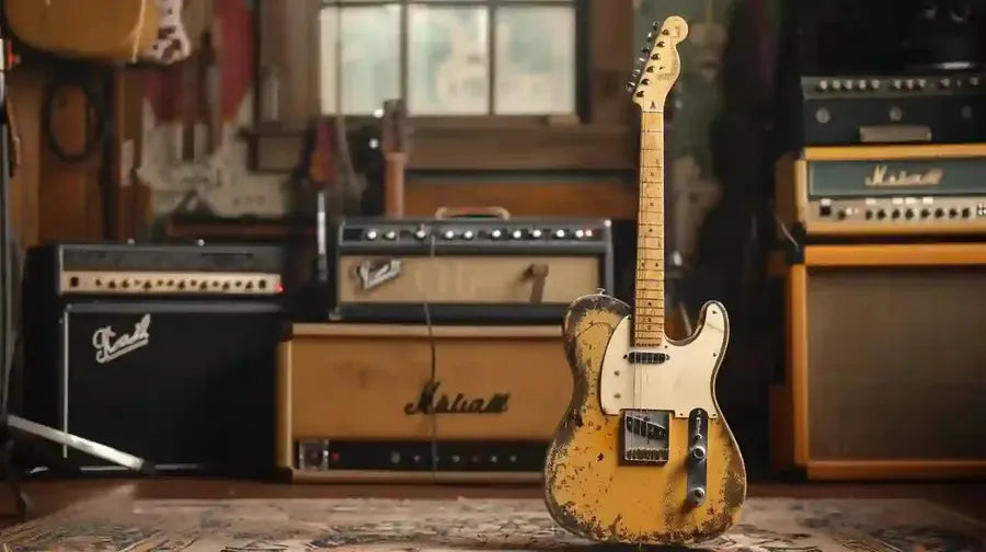 Fender Telecaster guitar in a music studio, highlighting its iconic design and craftsmanship