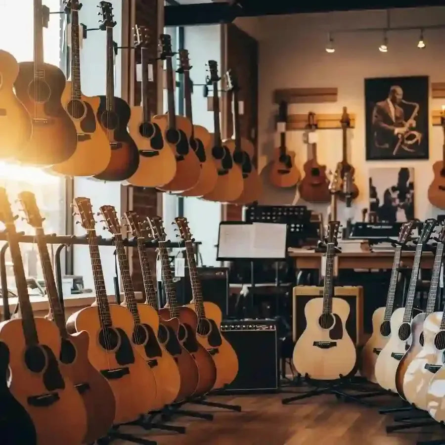 Diverse collection of acoustic guitars in a music store, showcasing various types and styles