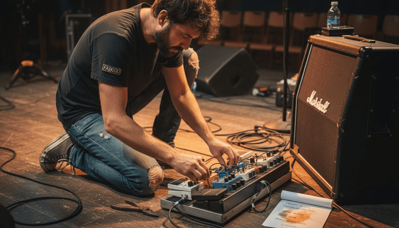 Guitarist connecting patch cables on pedalboard
