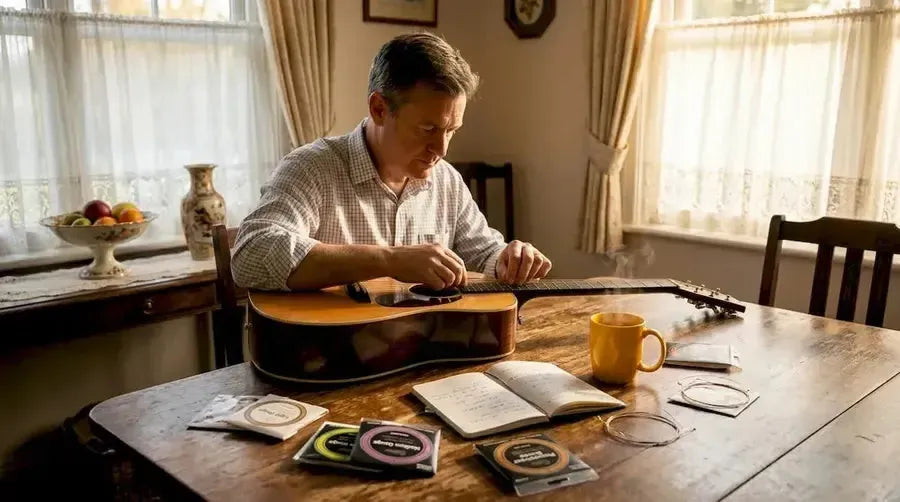 Guitarist restringing acoustic in kitchen
