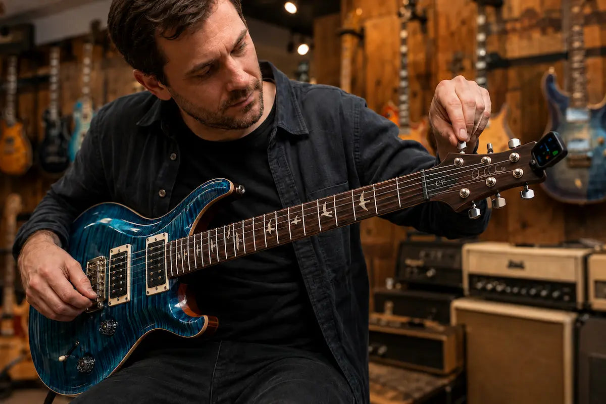 Hands clipping tuner on guitar headstock