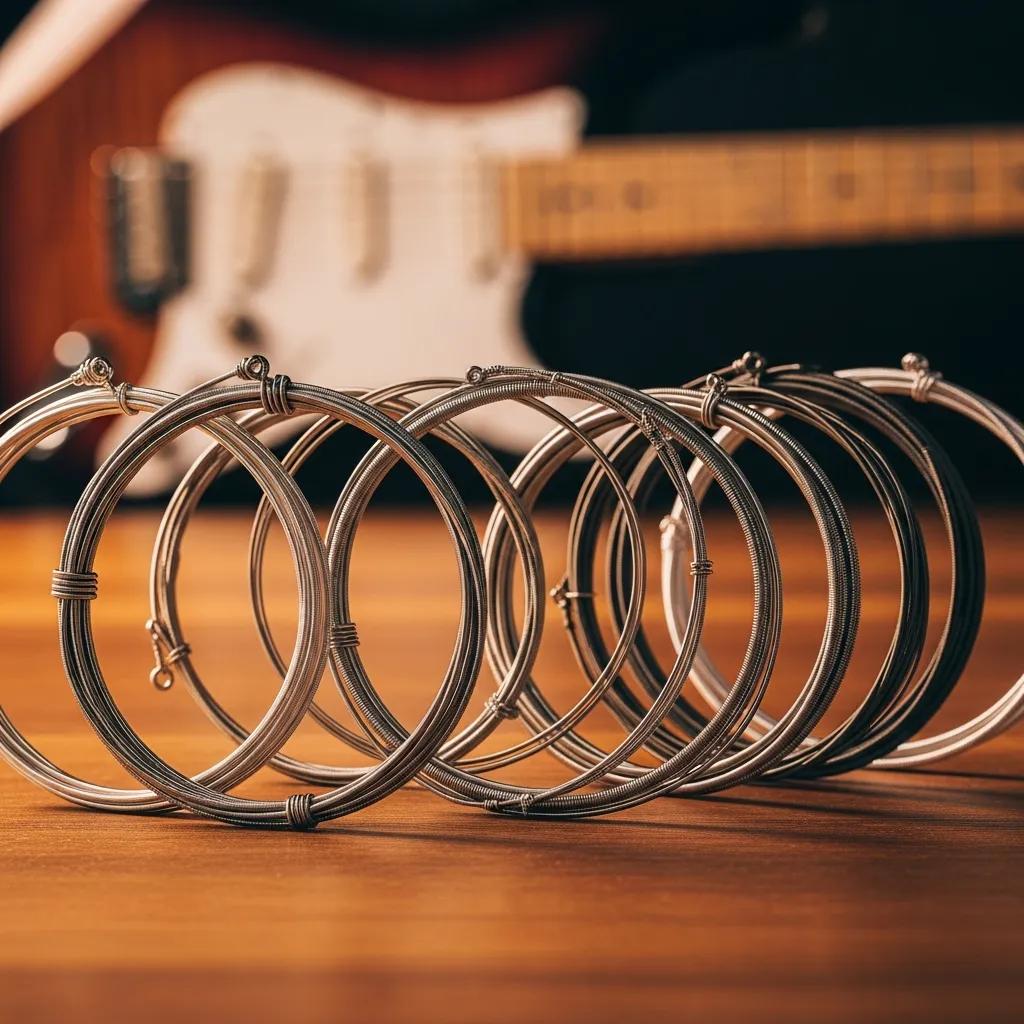 Variety of electric guitar strings displayed on a wooden surface, showcasing different materials and gauges