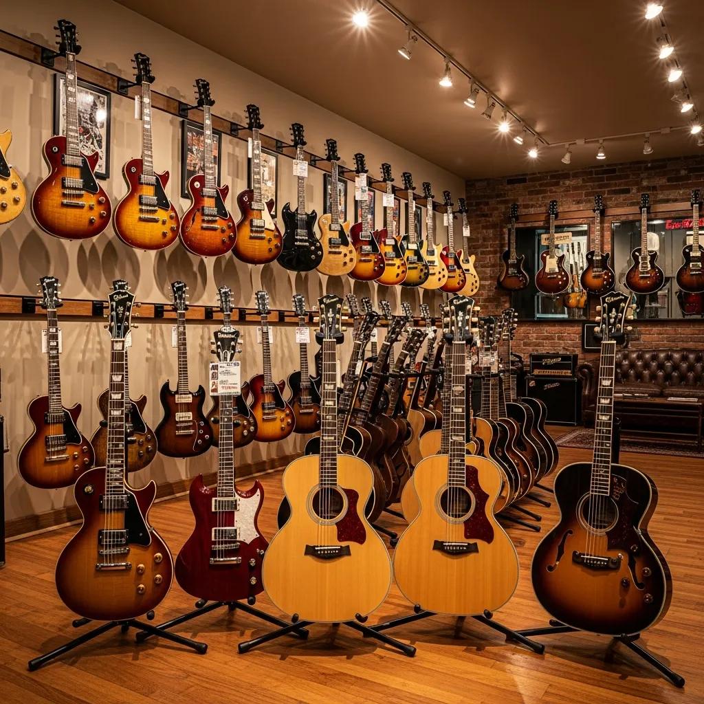 Variety of Epiphone guitars displayed in a music store, showcasing quality craftsmanship and vibrant colors