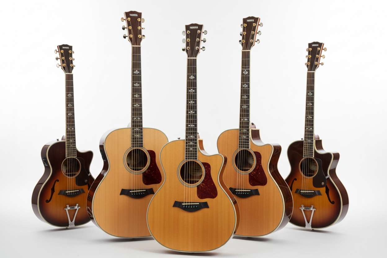 Variety of Yamaha acoustic guitars displayed in a music store, showcasing craftsmanship and design
