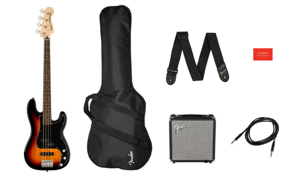 Squier Affinity Series® Precision Bass® PJ Pack, Laurel Fingerboard, 3-Color Sunburst, Gig Bag, Rumble 15 - MusicStreet