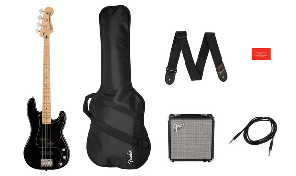 Squier Affinity Series® Precision Bass® PJ Pack, Maple Fingerboard, Black, Gig Bag, Rumble 15 - MusicStreet