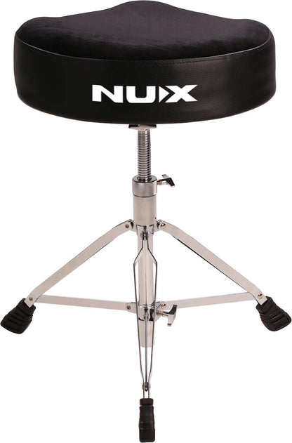 NU>X adjustable drum throne with a foldable double-braced tripod base, height adjustable from 490 to 600mm.