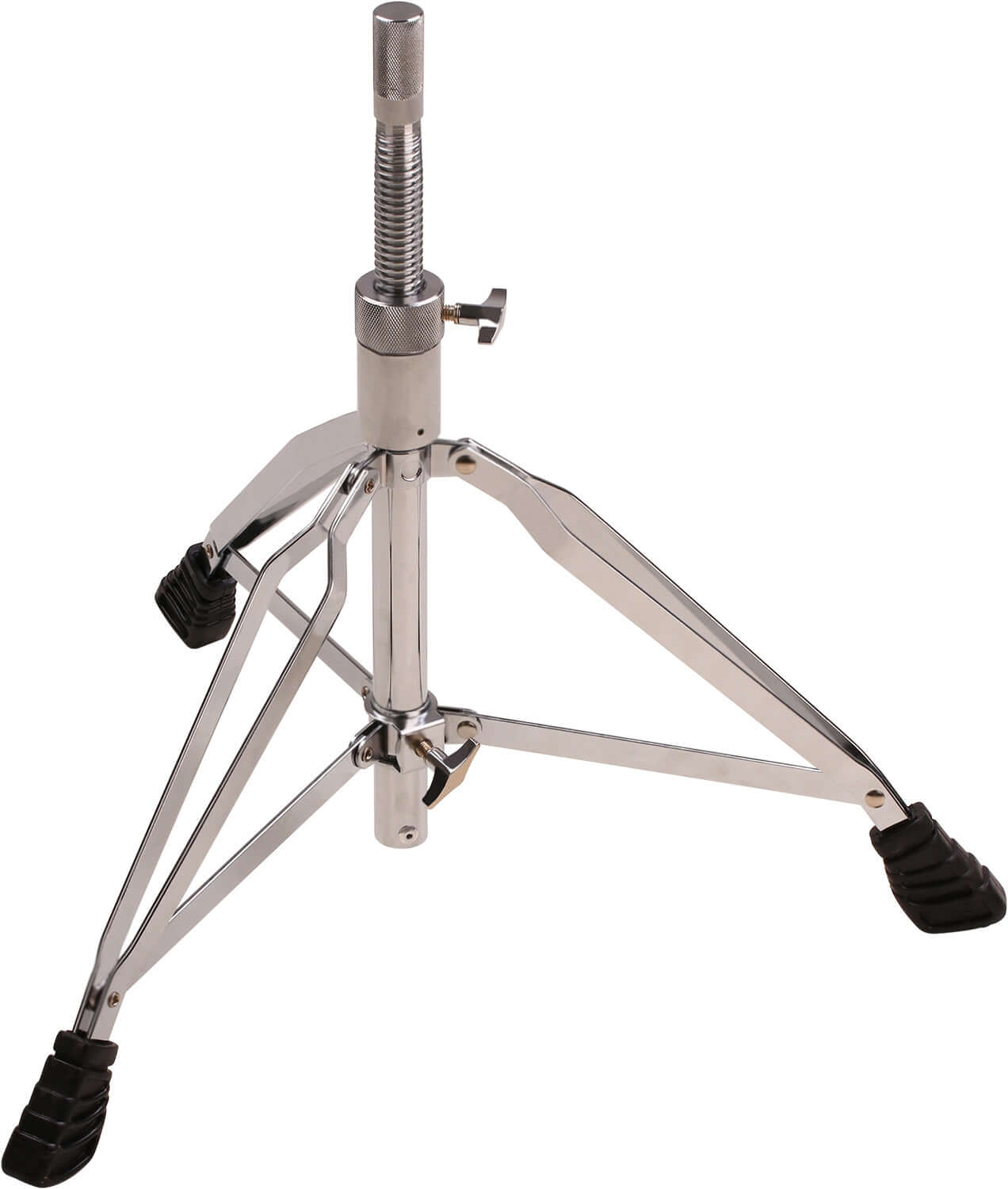 Adjustable drum throne tripod base, foldable and height adjustable, featuring double-braced design for stability.