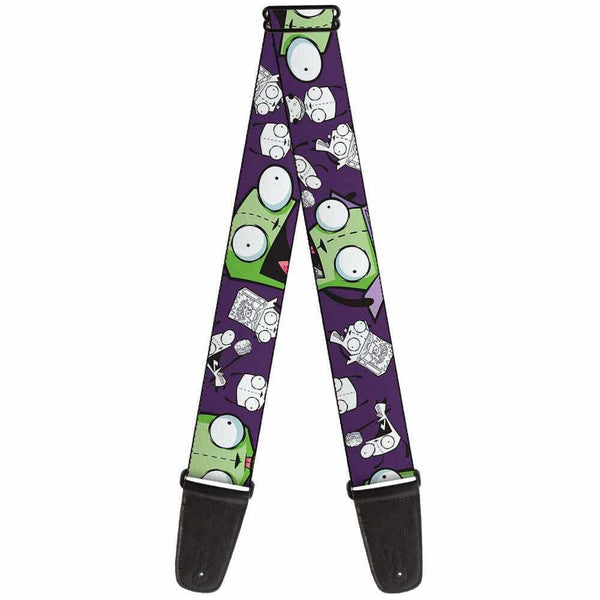 Buckle Down Invader Zim guitar strap featuring colorful character designs on a purple background.