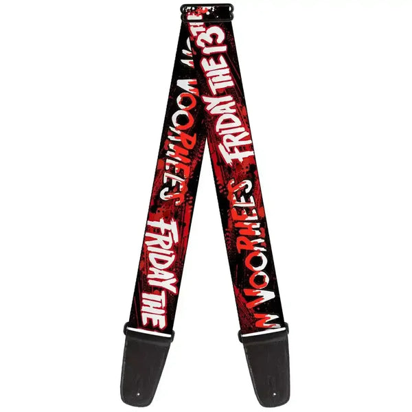 Buckle Down Friday the 13th guitar strap featuring bold graphics and horror-themed design in black and red.