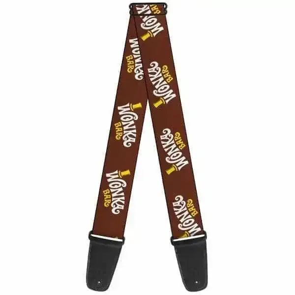 Buckle-Down Wonka Bar guitar strap featuring colorful Wonka Bar logos on a brown background.