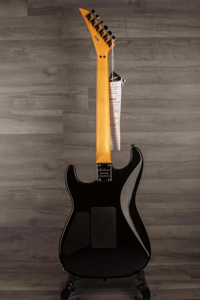 Jackson Pro Origins 1985 San Dimas SD1 HH FR, Maple Fingerboard, Gloss Black back view with neck and body highlights.