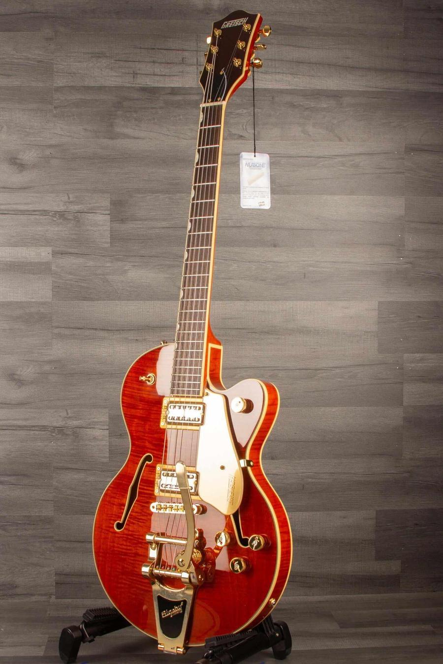 Gretsch  Electromatic® LTD Flame Okoume Broadkaster® Jr. Single -Cut with Bigsby®, Rosewood Fingerboard, Roundup Orange.