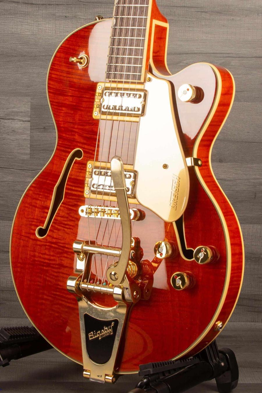 Gretsch Electromatic® LTD Flame Okoume Broadkaster® Jr. Single -Cut with Bigsby®, Rosewood Fingerboard, Roundup Orange.