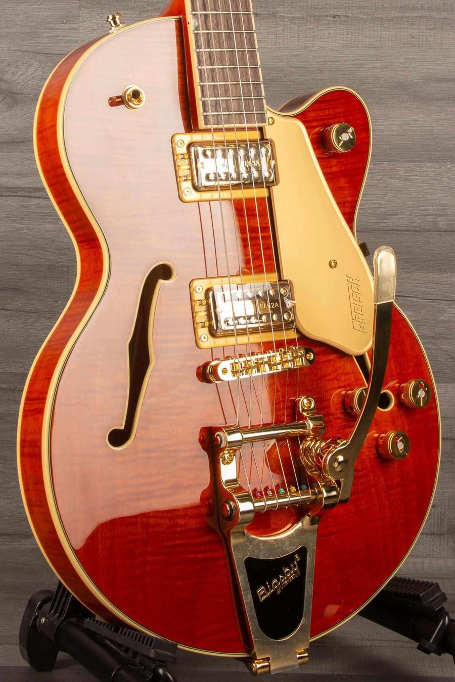 Gretsch Electromatic® LTD Flame Okoume Broadkaster® Jr. Single -Cut with Bigsby®, Rosewood Fingerboard, Roundup Orange.