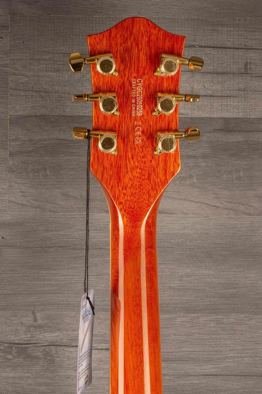 Gretsch Electromatic® LTD Flame Okoume Broadkaster® Jr. Single -Cut with Bigsby®, Rosewood Fingerboard, Roundup Orange headstock detail.