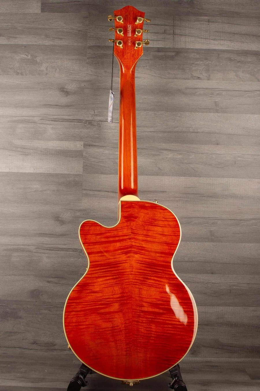 Gretsch Electromatic® LTD Flame Okoume Broadkaster® Jr. Single -Cut with Bigsby®, Rosewood Fingerboard, Roundup Orange back view.