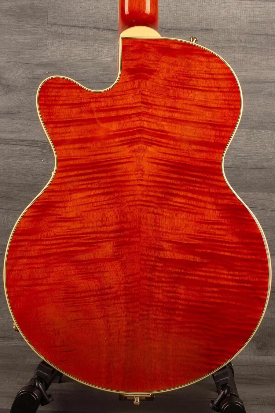 Gretsch Electromatic® LTD Flame Okoume Broadkaster® Jr. Single -Cut with Bigsby®, Rosewood Fingerboard, Roundup Orange back view.