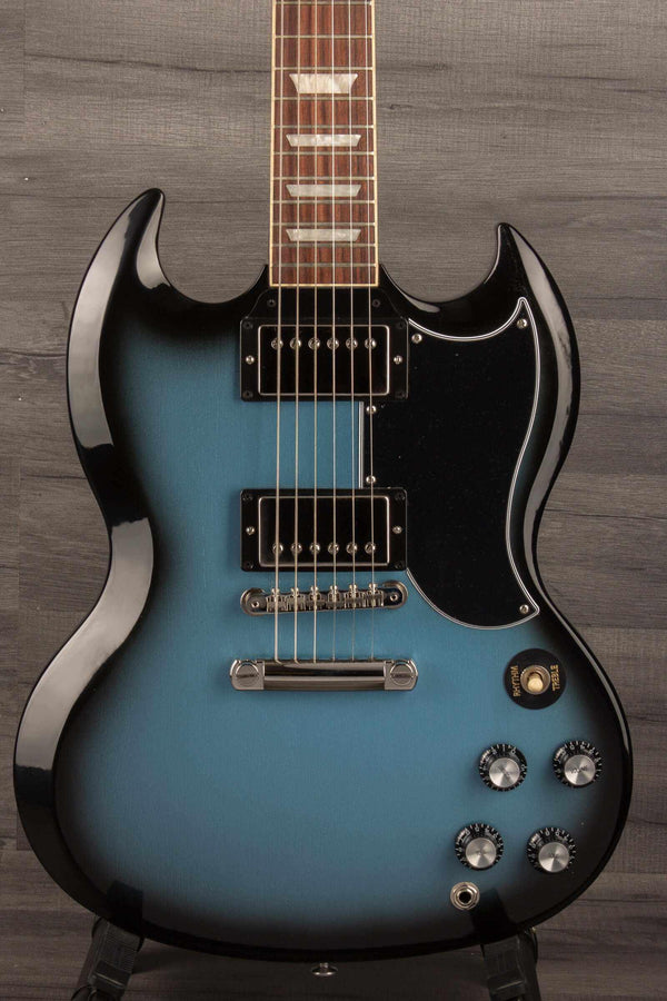 Gibson SG Standard '61 Stopbar Electric Guitar - Pelham Blue Burst with double-coil pickups and mahogany neck.