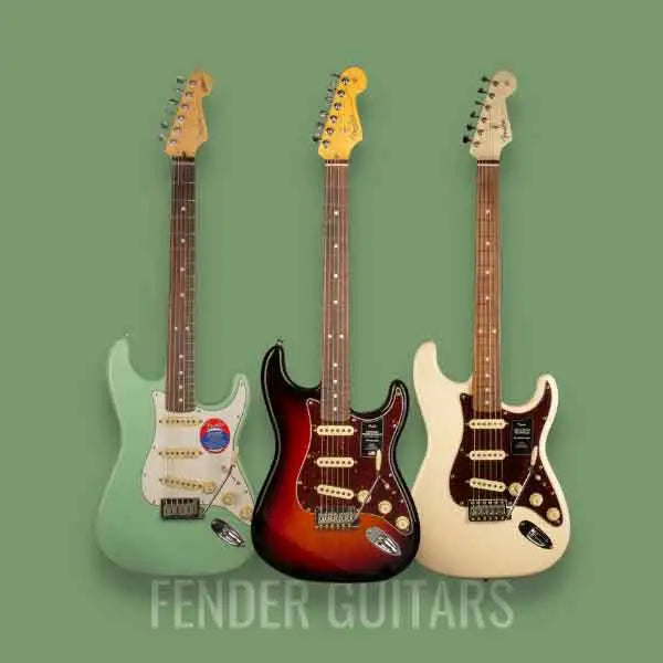 Three Fender guitars displayed on a green background, showcasing different styles and colors.