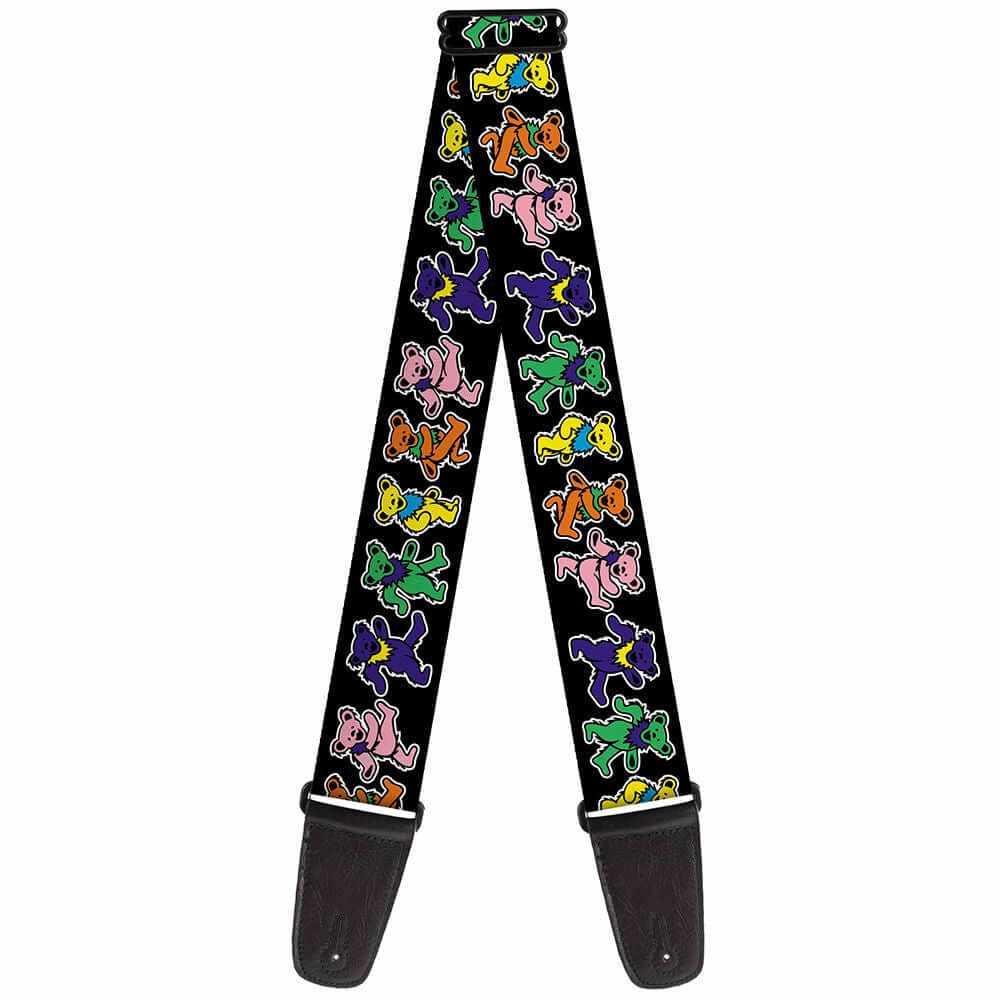 Buckle Down Grateful Dead guitar strap featuring colorful dancing bears on a black background.