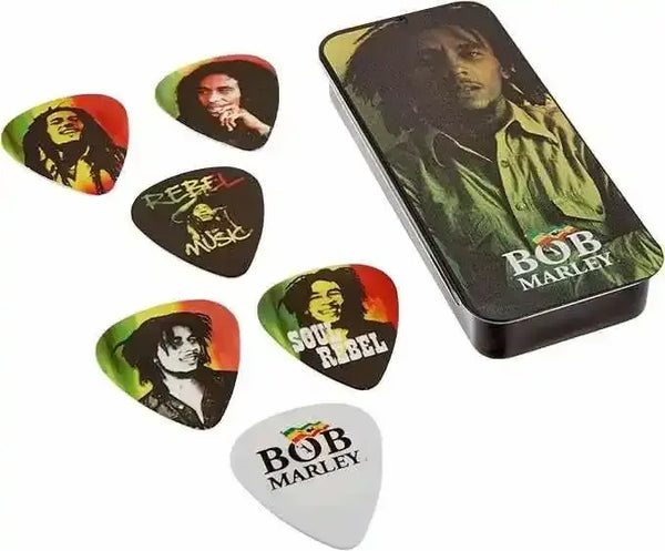 Dunlop BOBPT01M Bob Marley Rasta Pick Tin, Assorted, Medium, 6 Picks/Tin - MusicStreet