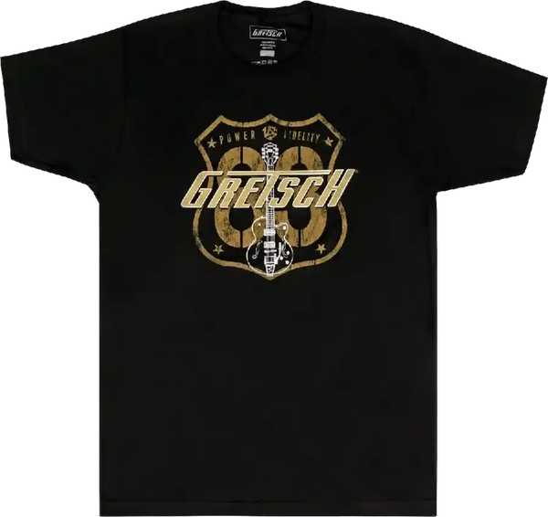 Gretsch® Route 83 T-Shirt, Black featuring a bold logo and guitar graphic on a soft black tee.