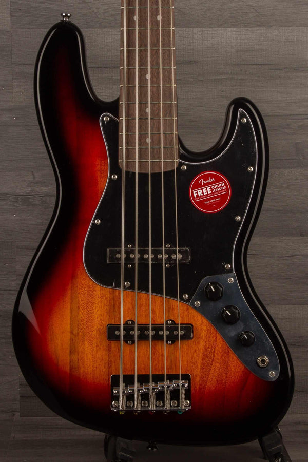 Squier Affinity Jazz Bass V with Laurel Fingerboard and 3-Color Sunburst finish, featuring a Black Pickguard.