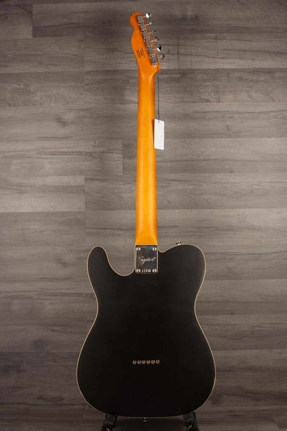 Back view of Squier Classic Vibe Baritone Custom Telecaster showcasing satin black finish and maple neck.