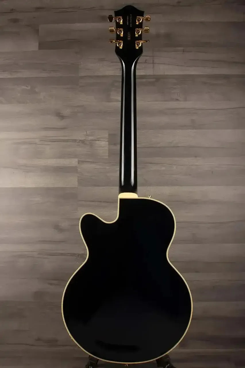 Gretsch Broadkaster® Jr. LX Center Block guitar back view with gold hardware and glossy Midnight Sapphire finish.