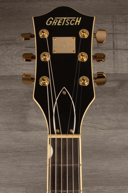 Gretsch Broadkaster® Jr. LX Center Block guitar headstock with gold hardware and ebony finish.