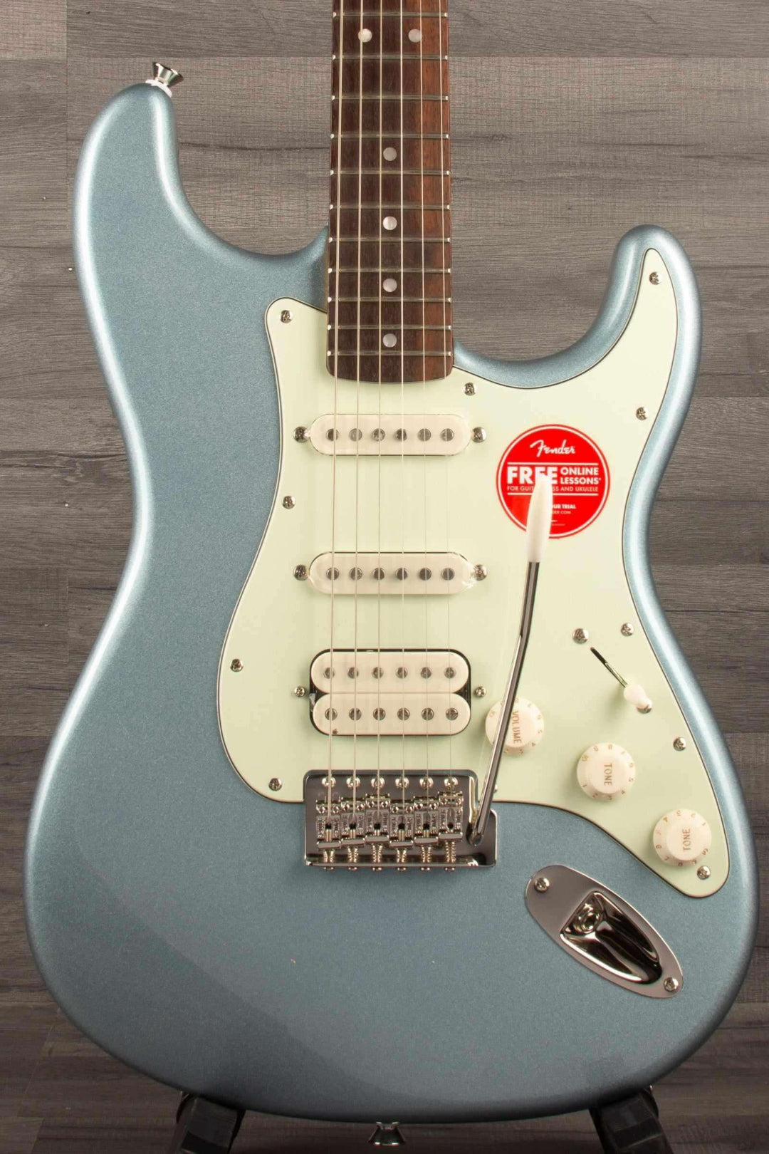 Squier FSR Classic Vibe™ 60s Stratocaster® HSS in Ice Blue Metallic with mint pickguard and alnico pickups.