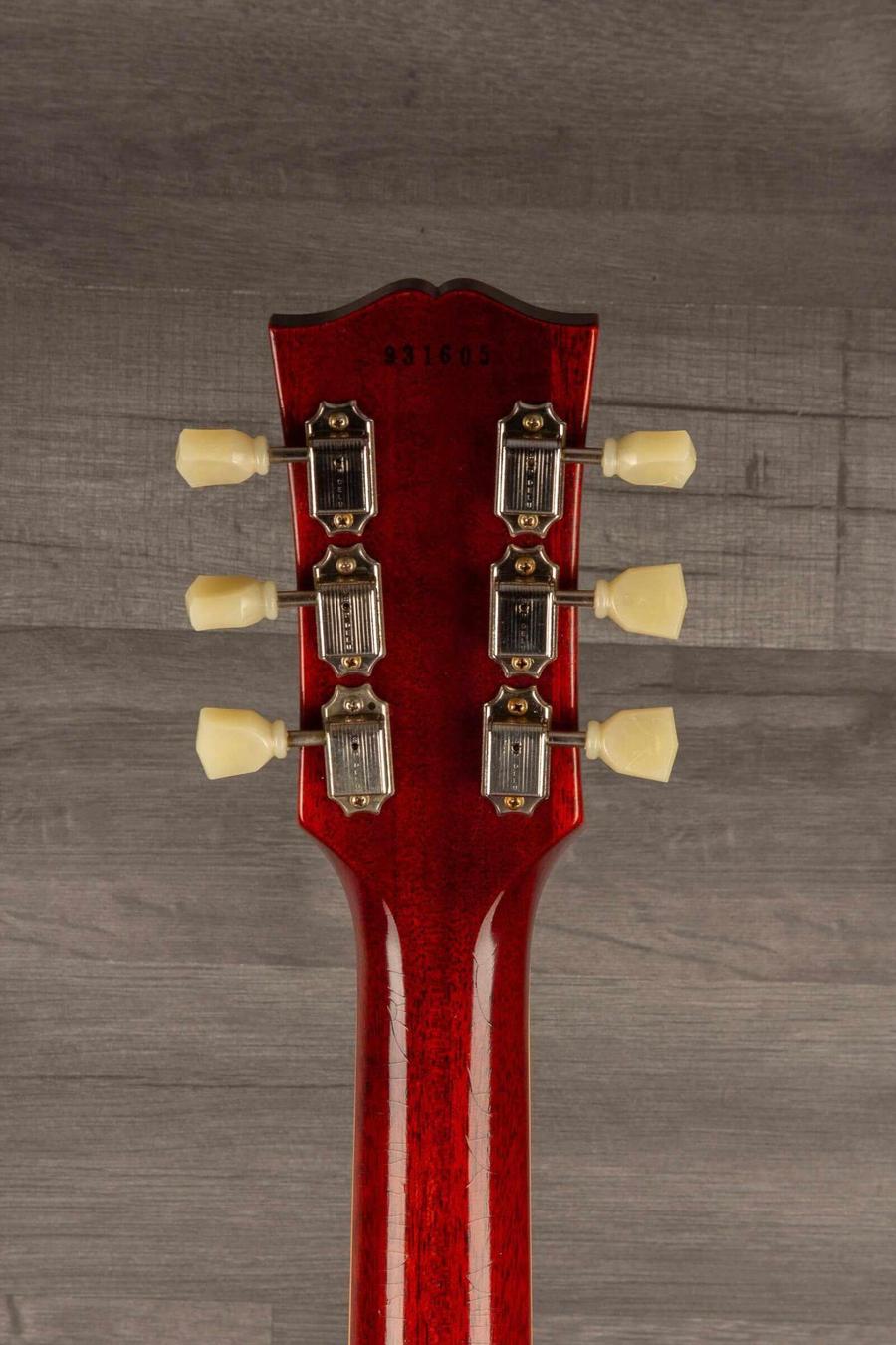 Back view of the Gibson Murphy Lab Ultra Light Aged '59 Les Paul guitar headstock, showing tuning pegs and serial number 931605.
