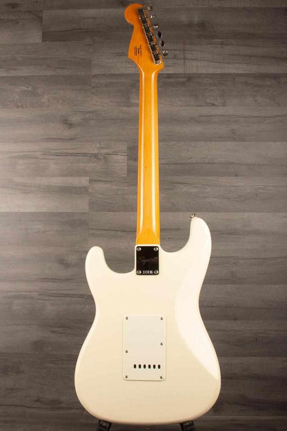 Back view of Squier FSR Classic Vibe '60s Stratocaster in Olympic white showing neck and body design.