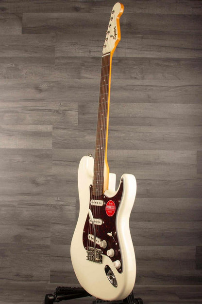 Squier FSR Classic Vibe '60s Stratocaster in Olympic white showcasing its alnico pickups and vintage design.